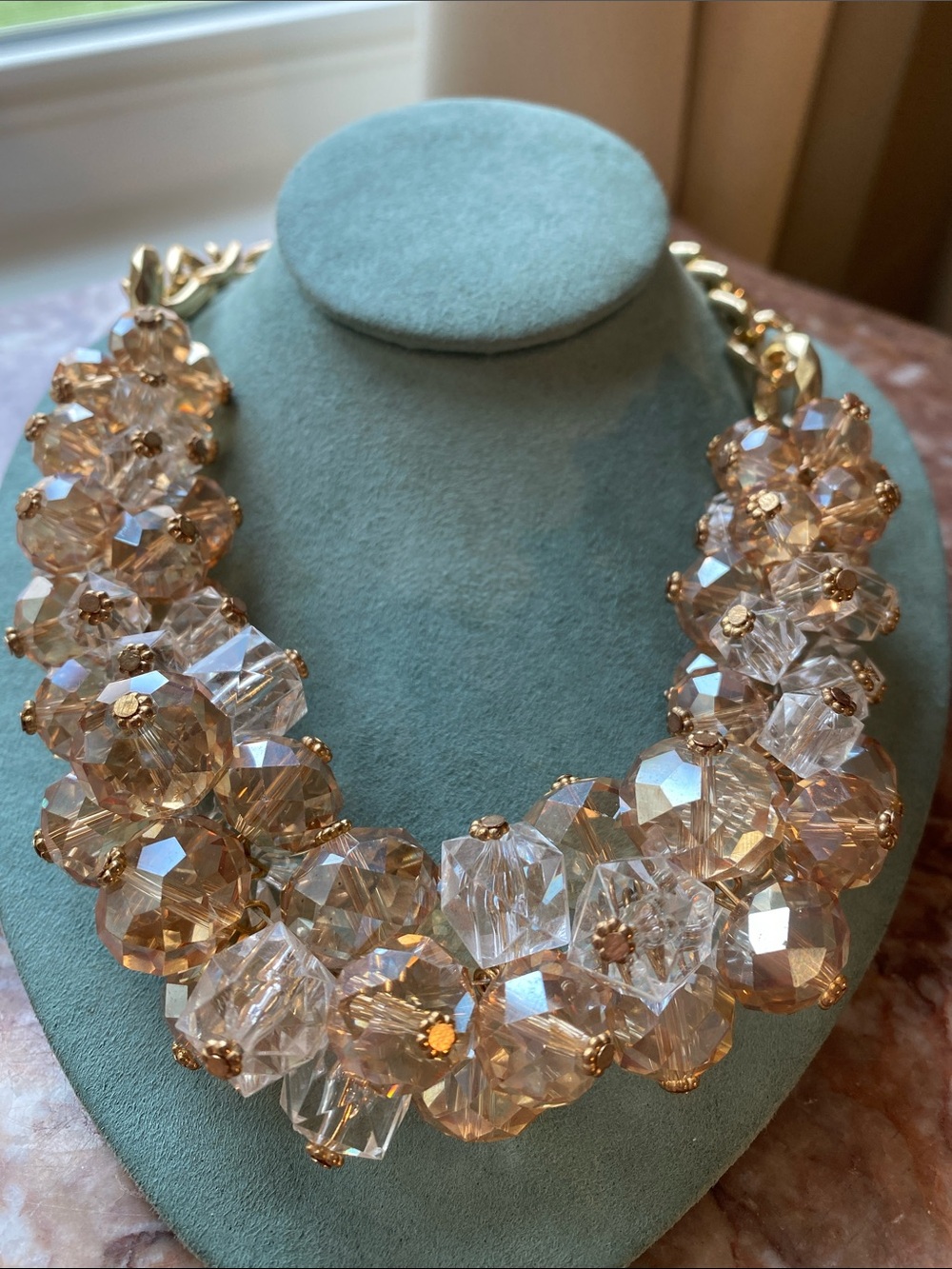 Champagne Crystal Cluster Statement Necklace Gold Tone Chunky Glam